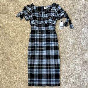 Unique Vintage Dress Size Large 10 12 Lydia Wiggle Light Blue Black Plaid NWT